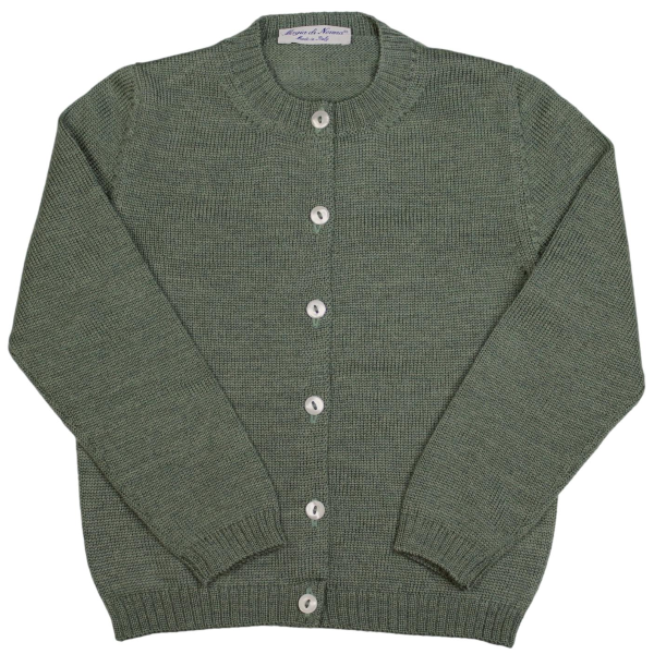 Smooth merino wool cardigan, Korean neck, left side lacing - Magia di Nonna