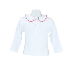 Polo cotone  bianco M/L colletto tondo profilo colorato lavorato uncinetto - Nonna Magali