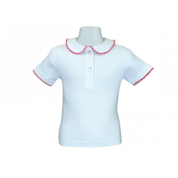Polo cotone piquet bianco manica corta collo tondo profilo colorato lavorato uncinetto - Nonna Magali