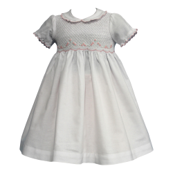 Vestito cotone M/C full smock colletto tondo bianco rouches e ricamo su colletto e manica - Nonna Magali