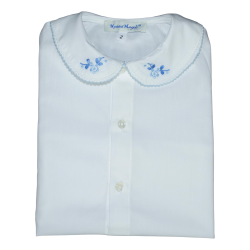 Camicia cotone M/C crochet azzurro con ricamo a fiore - Nonna Magali