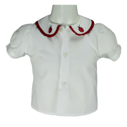Camicia cotone M/C colletto tondo rouches e ricamo coccinella - Nonna Magali