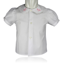 Camicia cotone M/C colletto rouches con ricamo a fiore - Nonna Magali