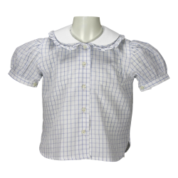 Camicia cotone M/C a sbuffo colletto tondo con rouches e doppio colletto - Lui & Lei