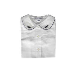 Camicia cotone piquet M/C a sbuffo colletto tondo profilo coda di topo ricami a fiore - Nonna Magali