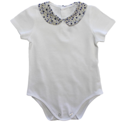 Body in cotone piquet bianco con colletto tondo di tessuto in varie fantasie - Magia di Nonna