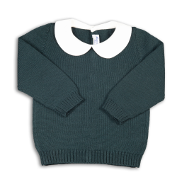 Maglia in lana merinos aperta dietro con bottoni  colletto tondo in cotone piquet - Magia di Nonna