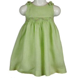 LES ENFATS DE GISELLE-Scamiciato in puro lino con punto smock e fiocchi removibili