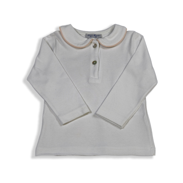 Polo cotone bianco M/L colletto tondo profilo colorato coda topo allacciatura SX - Magia di Nonna